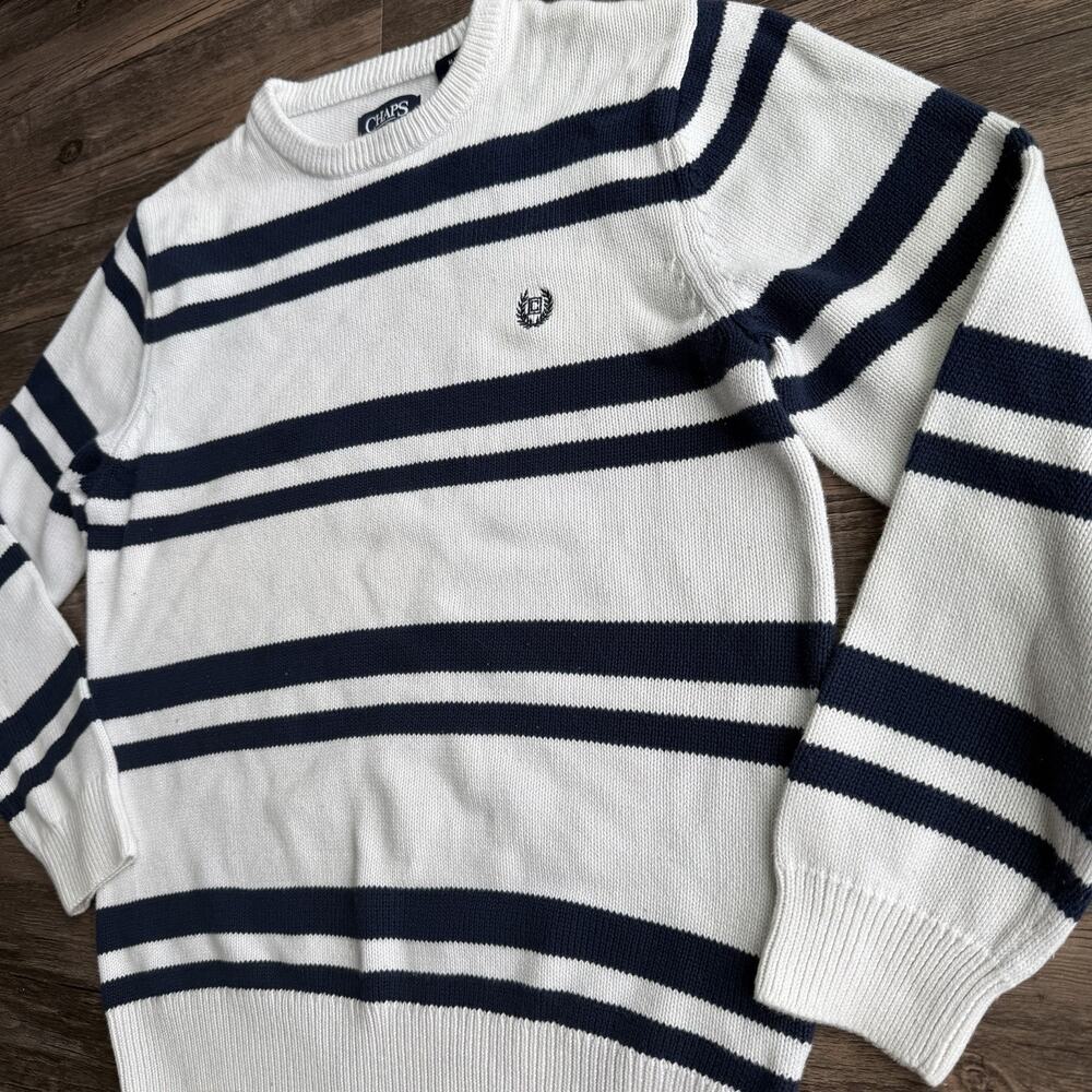 Chaps Sweater Mens M White Blue Stripe Heavyweight Knit Crewneck Preppy Cotton - Picture 2 of 9